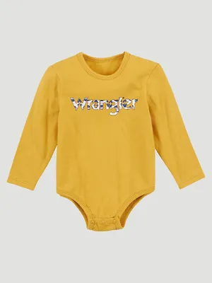 Baby Girl's Long Sleeve Floral Logo Bodysuit Golden