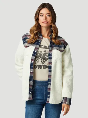 Women's Wrangler Retro Western Boyfriend Sherpa Shirt Jacket Cozy White