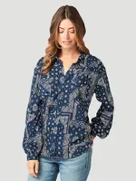 Women's Retro Patchwork Western Bloused Long Sleeve Shirt Blueprint