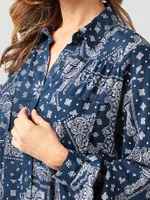 Women's Retro Patchwork Western Bloused Long Sleeve Shirt Blueprint