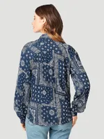 Women's Retro Patchwork Western Bloused Long Sleeve Shirt Blueprint