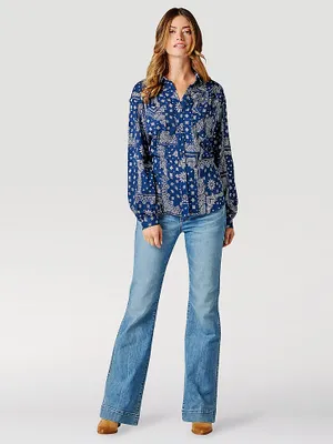Women's Retro Patchwork Western Bloused Long Sleeve Shirt Blueprint