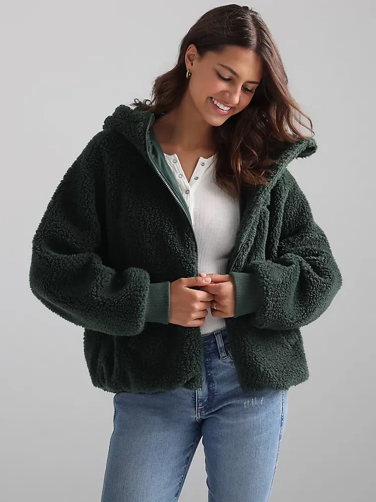 Womens Hooded Sherpa Jacket:Sycamore Green:XS