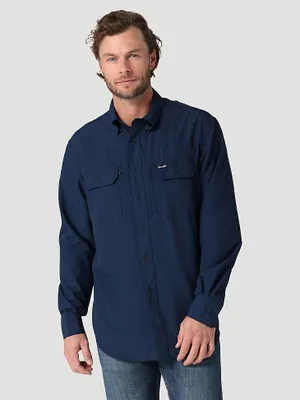 Men's Wrangler Performance Button Front Long Sleeve Solid Shirt Pageant Blue