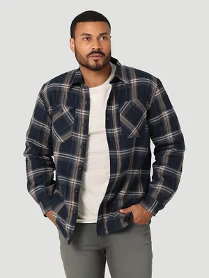 Men's Wrangler® Heavyweight Plaid Sherpa Lined Shirt Jacket Ombre Blue