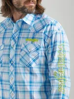 Men's Wrangler® Logo Long Sleeve Western Snap Plaid Shirt Sea Blue