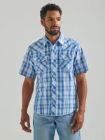 Men's Wrangler® Fashion Snap Short Sleeve Western Plaid Shirt Med Blue