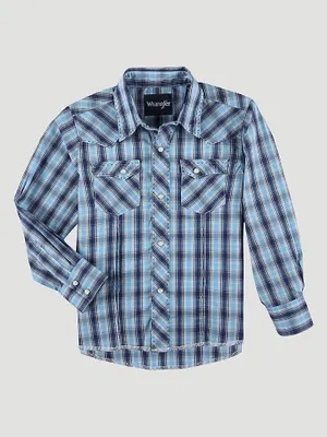 Boy's Long Sleeve Fashion Western Snap Plaid Shirt Berry Blue