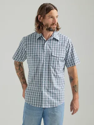 Men's Wrinkle Resist Short Sleeve Western Snap Plaid Shirt Gray Blue