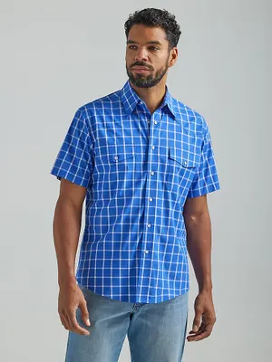 Men's Wrinkle Resist Short Sleeve Western Snap Plaid Shirt Royal Blue