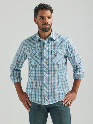 Men's Long Sleeve Fashion Western Snap Plaid Shirt Multi Blue