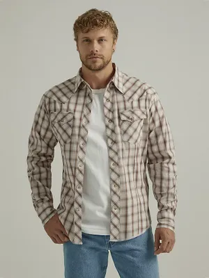 Men's Long Sleeve Fashion Western Snap Plaid Shirt Med Brown