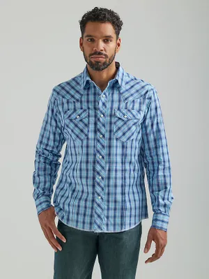 Men's Long Sleeve Fashion Western Snap Plaid Shirt Navy Blue