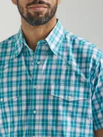 Men's Wrinkle Resist Short Sleeve Western Snap Plaid Shirt Teal