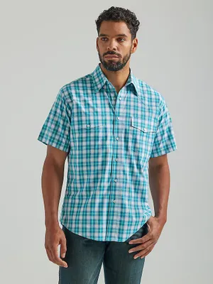 Men's Wrinkle Resist Short Sleeve Western Snap Plaid Shirt Teal
