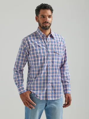 Men's Wrinkle Resist Long Sleeve Western Snap Plaid Shirt Blue Orange