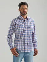 Men's Wrinkle Resist Long Sleeve Western Snap Plaid Shirt Blue Orange