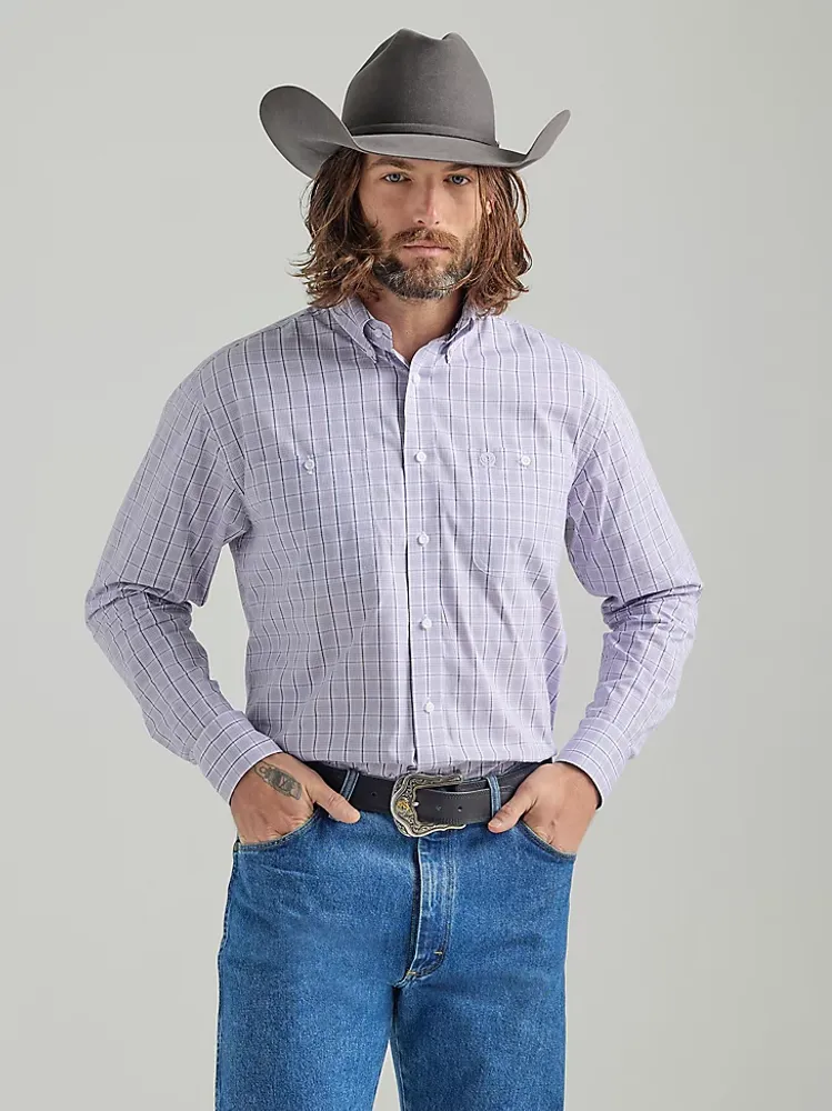 Men's George Strait® Long Sleeve Button Down Two Pocket Plaid Shirt Lilac
