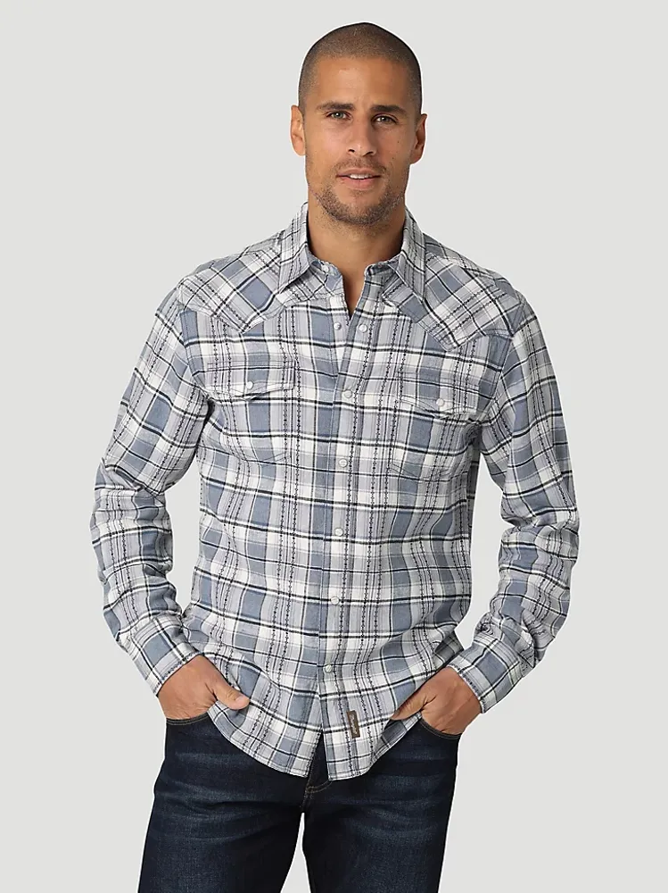 Wrangler Retro® Premium Long Sleeve Linen Western Snap Shirt Blue Plaid