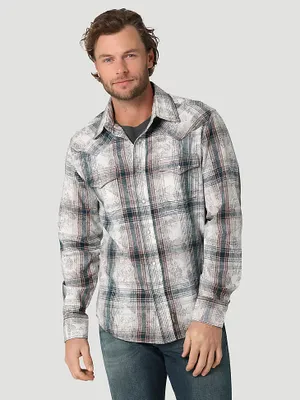 Men's Wrangler Retro® Premium Long Sleeve Western Snap Overprint Shirt White Gray