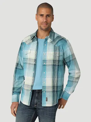 Men's Wrangler Retro® Premium Long Sleeve Western Snap Plaid Shirt Blue Light