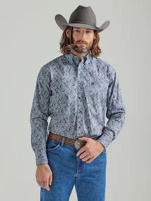 Men's George Strait® Long Sleeve Button Down One Pocket Printed Shirt Purple Gray