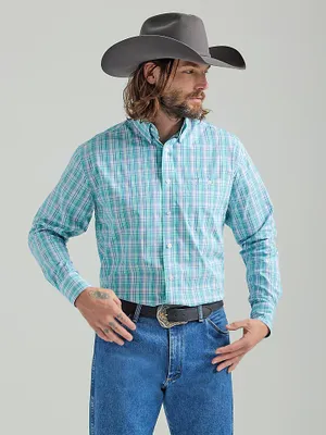 Men's George Strait® Long Sleeve Button Down One Pocket Plaid Shirt Teal Floral