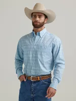Men's George Strait® Long Sleeve Button Down Two Pocket Plaid Shirt Baby Blue
