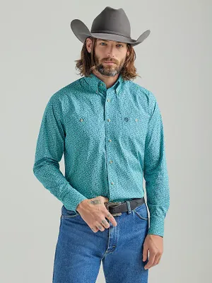 Men's George Strait® Long Sleeve Two Pocket Button Down Print Shirt Teal Flowers