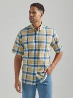 Wrangler Rugged Wear® Short Sleeve Easy Care Plaid Button-Down Shirt Khaki Blue