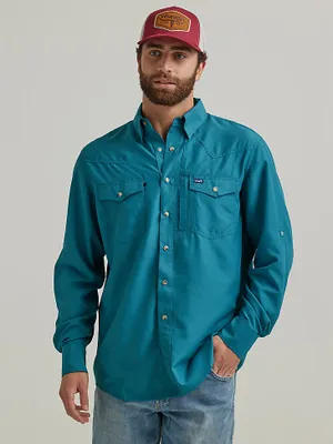 Men's Wrangler Performance Snap Long Sleeve Solid Shirt Deep Teal