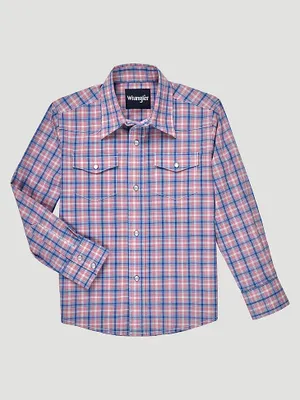 Boy's Long Sleeve Wrinkle Resist Western Snap Plaid Shirt Fireworks Blue