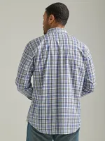 Men's Wrinkle Resist Long Sleeve Western Snap Plaid Shirt Picnic Blue