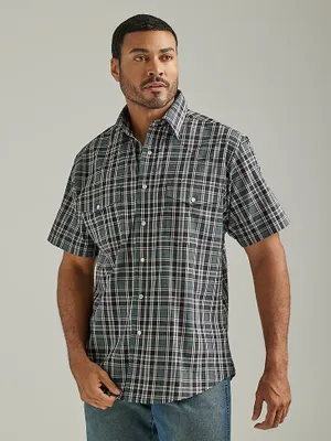 Men's Wrinkle Resist Short Sleeve Western Snap Plaid Shirt Black Knight