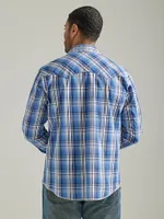 Men's Long Sleeve Fashion Western Snap Plaid Shirt Blue Sky