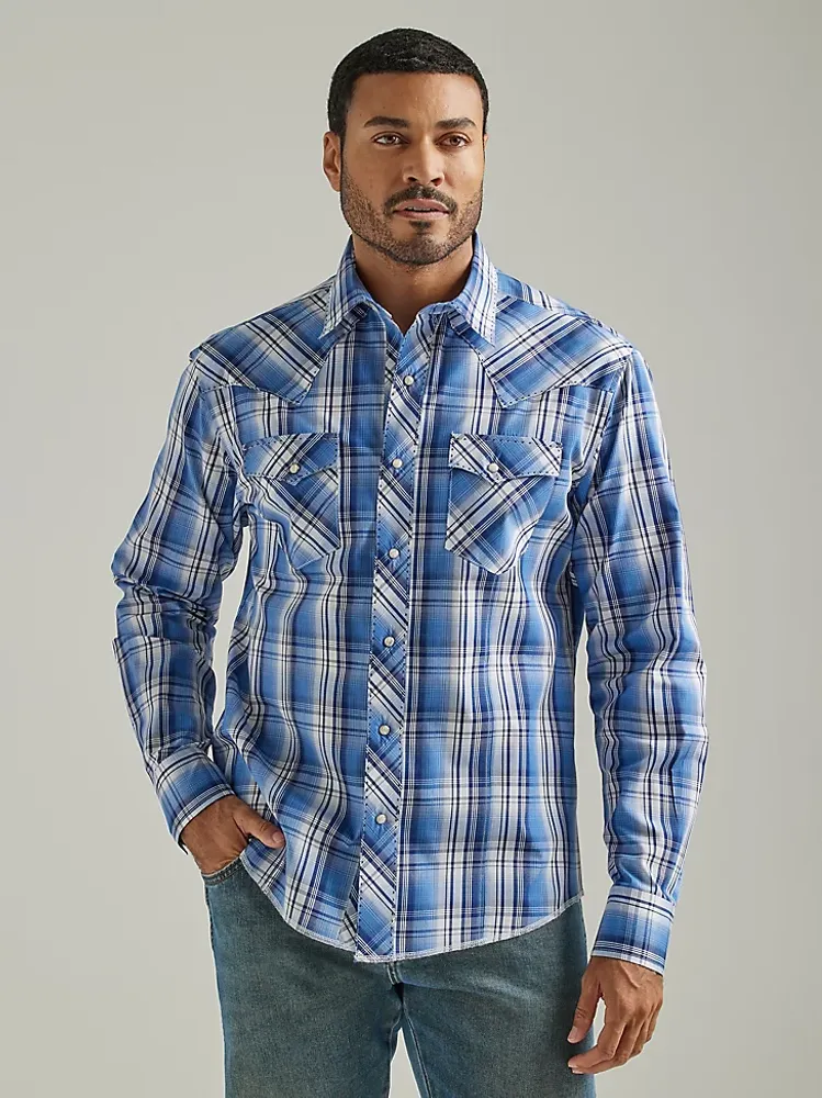 Men's Long Sleeve Fashion Western Snap Plaid Shirt Blue Sky