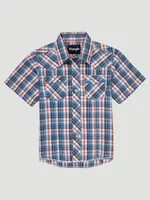 Boy's Short Sleeve Fashion Western Snap Plaid Shirt Sunset Blue