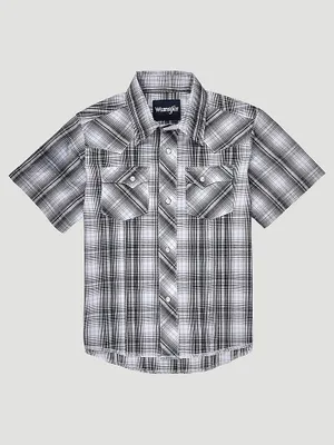 Boy's Short Sleeve Fashion Western Snap Plaid Shirt Chess Grey