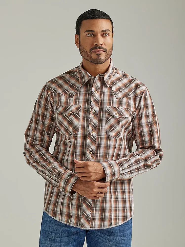 Men's Long Sleeve Fashion Western Snap Plaid Shirt Tawny Brown