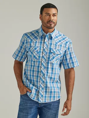 Men's Wrangler® Fashion Snap Short Sleeve Western Plaid Shirt Blue Horizons