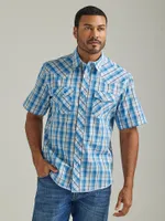 Men's Wrangler® Fashion Snap Short Sleeve Western Plaid Shirt Blue Horizons