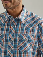 Men's Wrangler® Fashion Snap Short Sleeve Western Plaid Shirt Sunset Blue