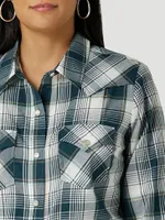 Women's Essential Long Sleeve Plaid Poplin Western Snap Shirt Dark Teal