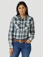 Women's Essential Long Sleeve Plaid Poplin Western Snap Shirt Dark Teal