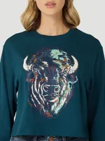 Womens Wrangler LS Cropped Buffalo Graphic Tee:Dark Teal:XXL