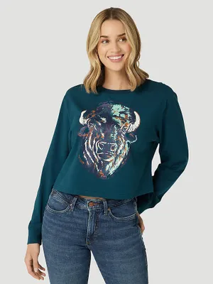 Womens Wrangler LS Cropped Buffalo Graphic Tee:Dark Teal:XXL