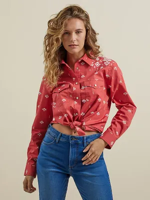 Women's Wrangler Retro Americana Bandana Western Snap Shirt Red