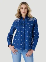 Women's Wrangler Retro Americana Bandana Western Snap Shirt Blue Print