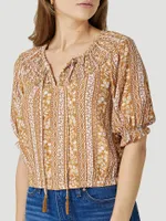 Women's Wrangler Floral Stripe Smocked Blouse Brown Multi