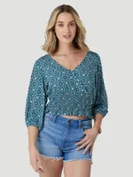 Women's Wrangler Bursts Smocked Crop Blouse Dark Teal